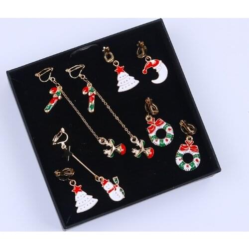 Christmas Clip on Earrings Santa Claus Snowman Deer Sock Christmas Tree No Pierced Xmas Earrings Clips for Women Girls Gifts