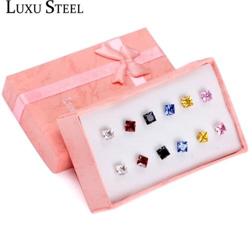 LUXUSTEEL Size 3mm/5mm/7mm Colorful Square Crystal Stud Earrings Stainless Steel 6Pairs/Boxes Earring Sets Bijoux Female