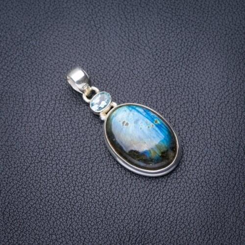StarGems Natural Blue Fire Labradorite Blue Topaz Handmade 925 Sterling Silver Pendant 1.75" E3729