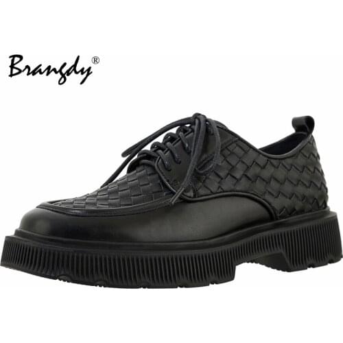 BrangdyGenuine Leather Platform Block Heels Pumps Women Mid Heel Loafers Shoes Metal Decoration Round Toe Footwear Black 40