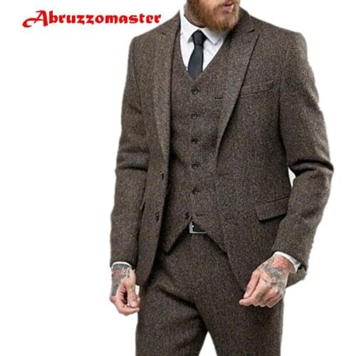 Abruzzomaster Tweed Suit Brown Herringbone Wool Man Suits Herringbone Wedding Tuxedos Herringbone Jacket Jacket+pants+vest