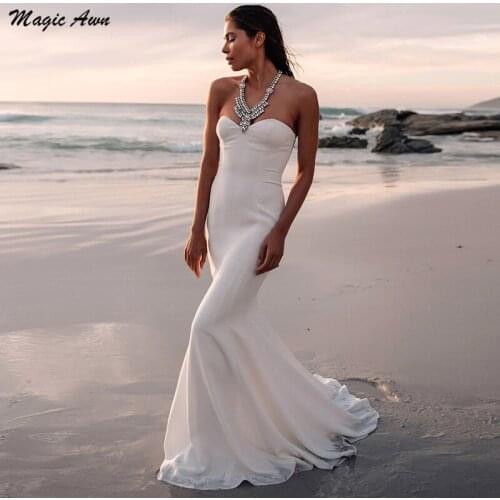 Magic Awn Sweetheart Mermaid Beach Wedding Dresses 2021 Satin Simple Bodice Boho Bridal Gowns Sweep Train Cheap Robe De Mariage