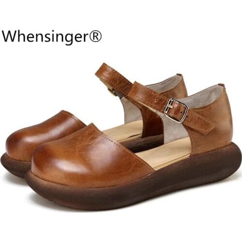 Whensinger - 2018 Summer Sandals Women Fashion Genuine Leather Shoes Retro Buckle Strap Design 591