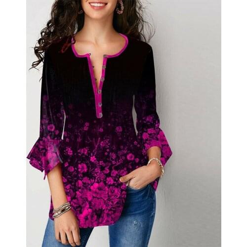 4XL 5XL Womens Tops and Blouses Spring 3/4 Flare Sleeve Ladies Floral Print Tunic Tops Shirt Casual Flower Print Blouse Shirt
