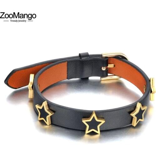 ZooMango Trendy 18K Titanium Stainless Steel Acrylic Star Charm Bracelets For Women Girls Hiphop Rock Leather Jewelry ZB21019