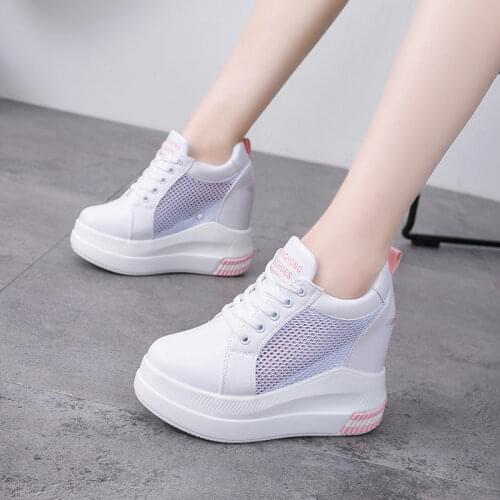 2019 Summer High Platform Shoes Women Thick Sole Sneakers 11 CM Wedge Heels Air Mesh White Shoes Breathable Casual Shoes Woman