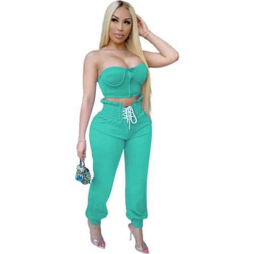 2 piece set women club outfits for women Sexy zip strapless cropped top+high waist full pants matching sets ensemble femme chic