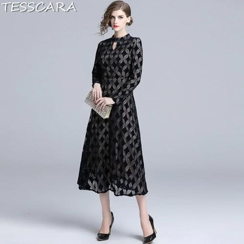 TESSCARA Women Spring & Autumn Elegant Lace Dress Festa Female Fashion Long Party Vestidos Designer Vintage Office Robe Femme