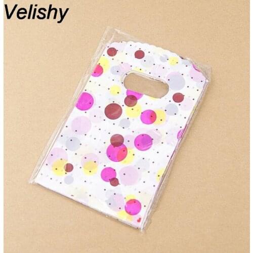 Velishy 100pcs/lot Wholesale Packaging Bags New Cute Lovely Heart Print Plastic Gift Bag Shopping Bag Organizers 14X9CM