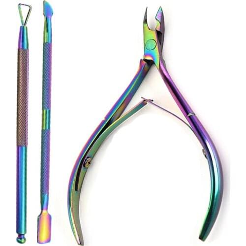 3Pcs/Set Nail Cuticle Nipper Double Spring Dead Skin Pusher Holographic Titanium Nail Art Manicure Pedicure Tools Kit