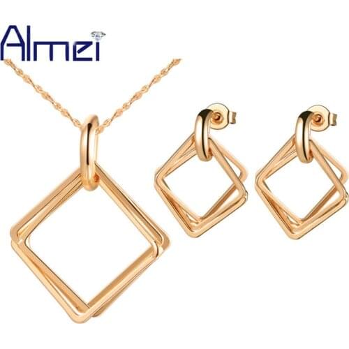 Almei 35% Off Bridal Square Jewelry Sets Rose Gold Color Necklace for Women Silver Earrings Pendant Fashion Collares Set T267