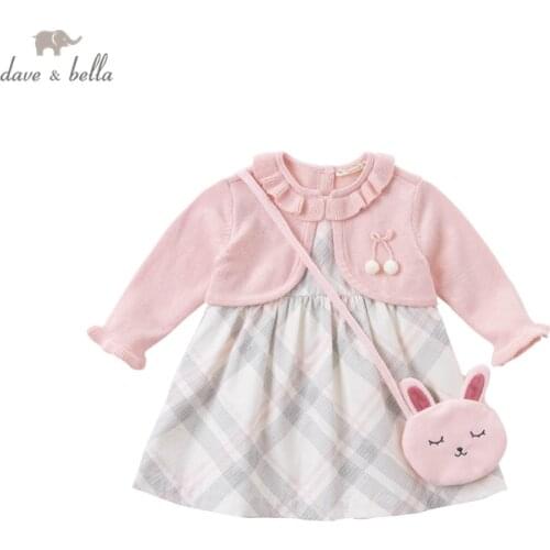 DBJ14546 dave bella autumn baby girls fashion bow plaid dress with a small bag party dress kids infant lolita 2pcs clothes