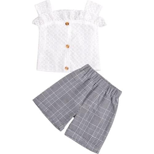 1-6Y Toddler Kids Baby Girl Sleeveless Lace Tank Tops Plaid Shorts Pant 2PCS Outfits Girls Clothing Set