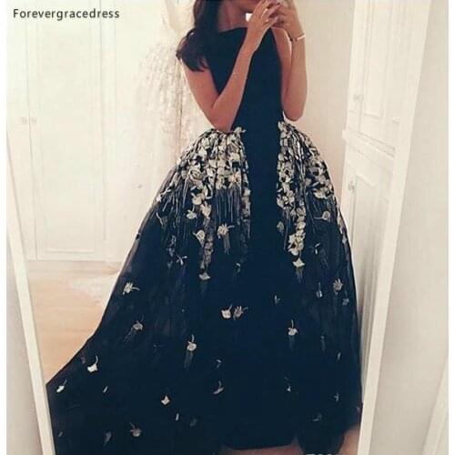 Black with Appliques Overskirts Evening Dress Cheap A Line Tulle Long Saudi Arabia Formal Wear Party Gown Custom Made Plus Size