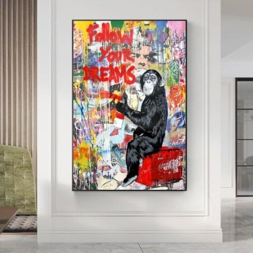 Follow Your Dreams Graffiti Art Canvas Paintings Monkey Street Wall Art Posters And Prints Animals Pictures Kids Room Decoration