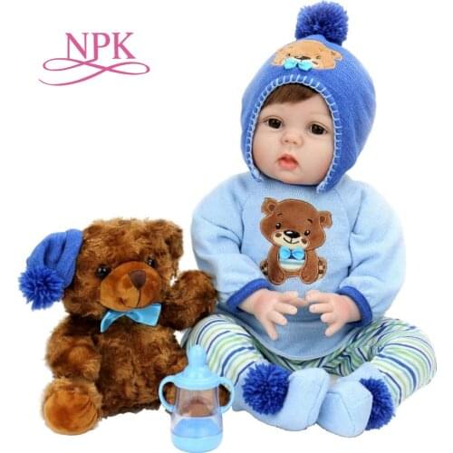 NPK 55CM bebe doll reborn baby original sweet face with Teddy bear set weighted doll high quality hand-rooted hair Christmas Gi
