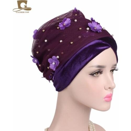 New 3D Flower Beaded Long Mesh Velvet Turban Head Wrap Nigerian Stylish Scarf Women Africa Hijab Ladies Turbante