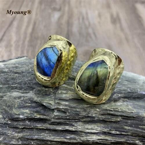 Adjusable Gold-Plated Natural Flash Labradorite Stone Rings Jewelry For Women Girl Gift MY210634
