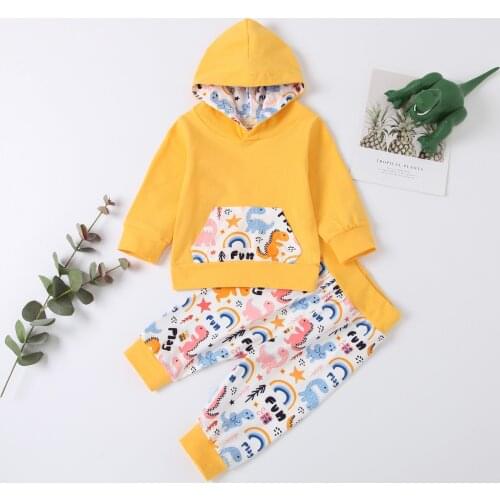 Autumn Fall Boys Girls Outfit Toddlers Cartoon Dinosaur Printing Long Sleeve Hooded Tops Hoodies Pants 2Pcs Clothes