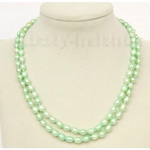 FREE shipping> >>>16-17" 2row 9mm rice green pearls necklace plated clasp j9959