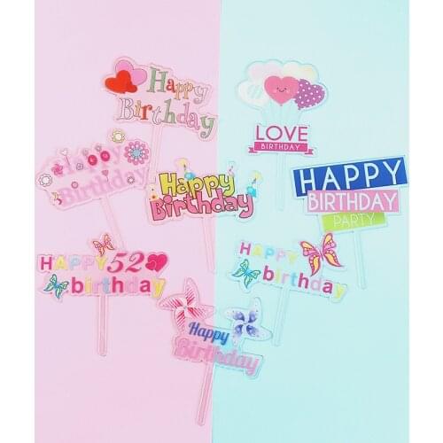Transparent butterfly Happy Birthday Cake Topper Kids Birthday Party Acrylic Cake Toppers For Baby shower Cake Flags Decorations