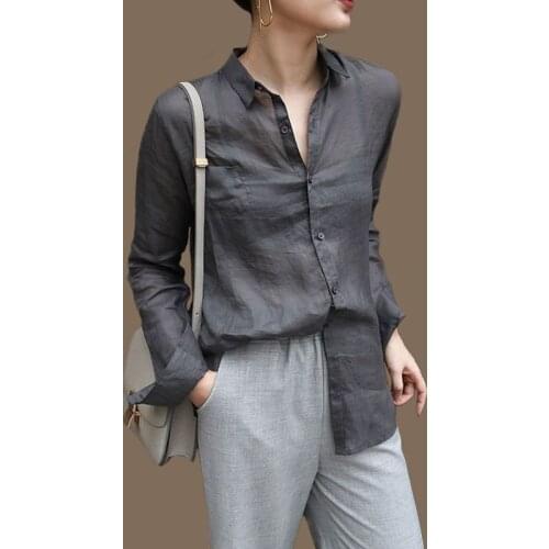 Design sense of niche ramie cotton medium and long sleeve loose casual shirt white shirt female 0815-2