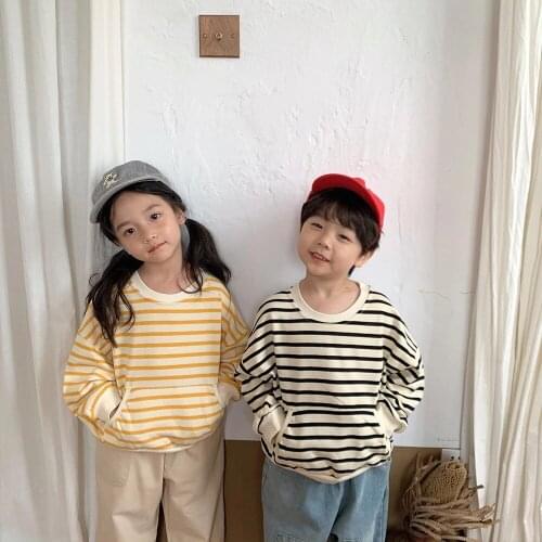 Spring Autumn Striped Sweatshirts Boys and Girls Cotton Pocket Pullovers Kids Tops Outfits
