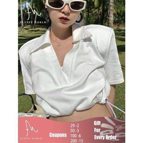 Summer Fashion Shirt Turn-down Collar Y2K Crop Top V-neck Drawstring Short Sleeve White Short T Shirts for Women Fluffyworld