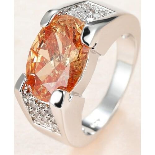 Boho Female Champagne Crystal Stone Ring Charm Silver Color Thin Wedding Rings For Women Cute Bride Oval Zircon Engagement Ring