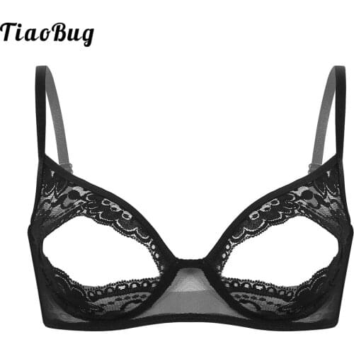 TiaoBug Women Lingerie Soft Sheer Lace Floral Adjustable Spaghetti Shoulder Straps Nipple Split Bralette Wire-Free Unlined Bra
