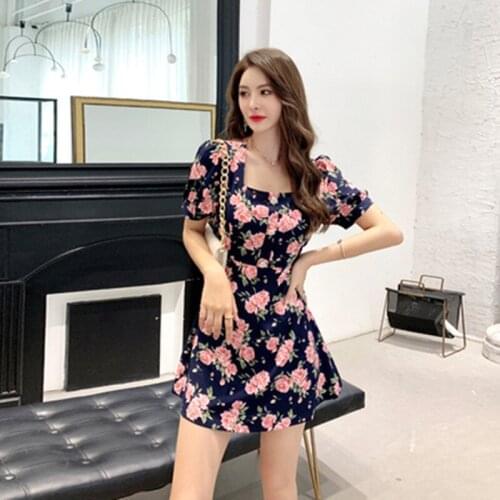 Summer Women Elegant Sexy Party Floral Print A Line Dress Square Collar Short Sleeve Hollow out Dress Vacation Party Dresses