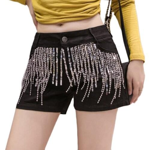 2021 Spring Summer New Heavy Industry Sequins Fringe Casual Shorts Denim Shorts Womens Black High Waist Were Thin Hip Hot Pants