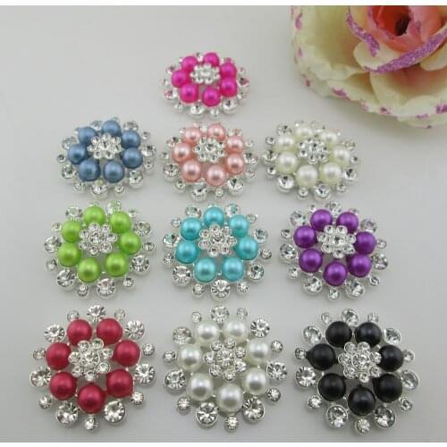 5pcs 10 colors Mix Pearl Alloy Rhinestone Buttons For Girl Hair Accessories 33mm