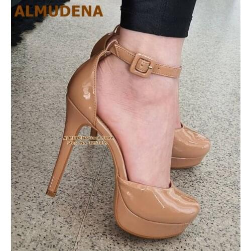 ALMUDENA Patent Leather Square Buckle Strap Shoes Nude Black Stiletto Heel Platform Gladiator Pumps Size46 Women Wedding Heels