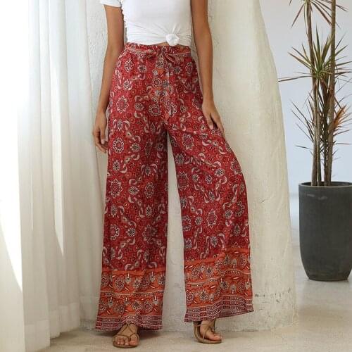 Boho Vintage Floral Print Bandage High Waist Wide Leg Pants Women Casual Loose Streetwear Plus Size Beach Long Trousers