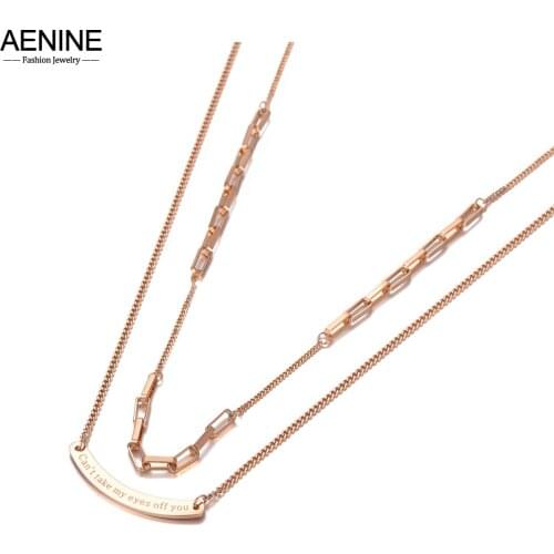 AENINE Bohemia Design Double Layer Curved Pendant Necklaces For Women Stainless Steel CZ Crystal Chain Choker Necklace AN20150