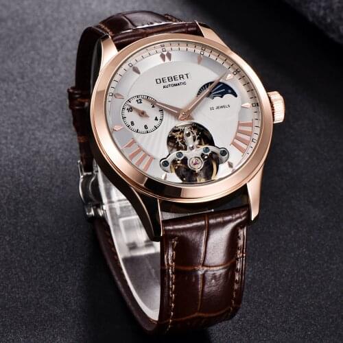 Debert 40mm Watch Men Top Luxury Brand Fashion Sport Moon Phase Watch Automatic Mechanical Wristwatch Men Leather Strap
