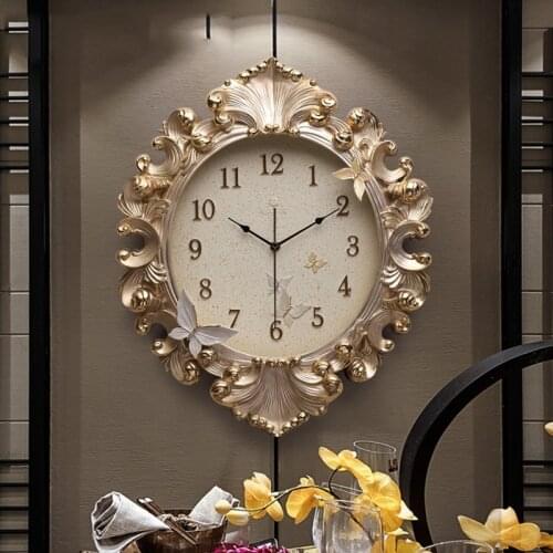 European Luxury Gold Resin Wall Clock Crafts Decoration Mute Wall Clock Art Wall Mural Restaurant Home Livingroom Wall Ornaments