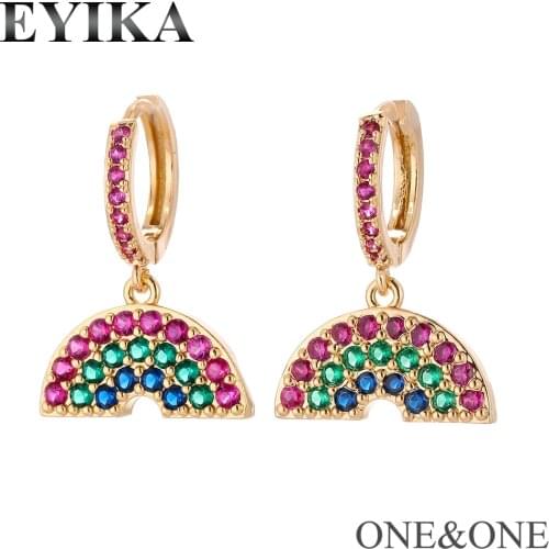 EYIKA Hot Sale Small Rainbow Bridge Polished Hoop Earring AAA Cubic Zirconia Fashion Mixing Color CZ Jewelry Gift For Women