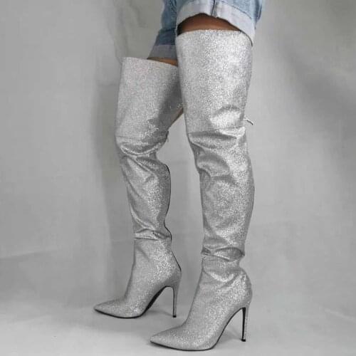 Customized Luxury Dazzling Silver Color Bling Back Zip Long Women Thigh High Boots Big Size 43 Fashion Boots Over The Knee