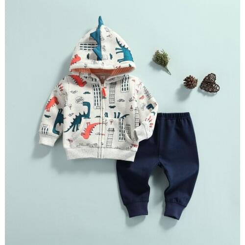 FOCUSNORM 0-24M Baby Boys Clothes Set 2PCS Dinosaur Printed Pattern Hooded Jacket Solid Color Pants Outfit Autumn/Winter