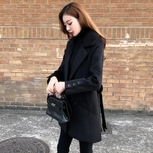 Korean Version Black Cashmere Coat Womens Middle Long 2021 Spring New Pure Color Slim Belt Casual Woolen Coat