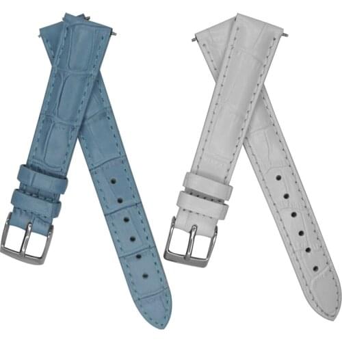 YQI 16mm Leather Watch Band Light Blue Watchband White Genuine Leather Strap For Hours with Stainless Steel Buckle Women watch