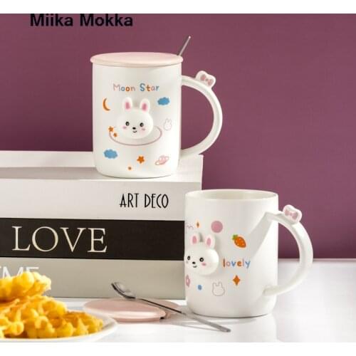Creative Cute Rabbit Coffee Mug with Lid Spoon Cartoon Ceramic Cup Milk Cup Coffee Cup Couple Cups Home Office Cup Drinkware