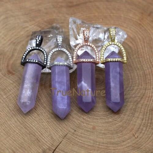 Fashion Lavender Amethysts Stone Jewelry Healing Double Terminated Hexagon Point Cubic Beads Pendants In 45*10 mm PM7414