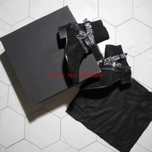 Man Fashion Black Suede Leather Bandana Buckle Boots Bandana-printed Ankle Straps Chain Strap Bandana Buckle Boots Shoes