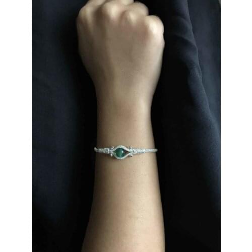 Jade Green Cubic Zirconia Big Mat handmade Knitted Kazaziye Silver Women Bracelet