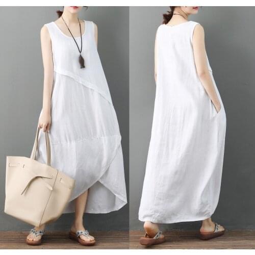 Irregular Sleeveless Loose Summer Blue White Dress 2021 Cotton and Linen Beach Vintage Dress Plus Size Women Holiday Casual