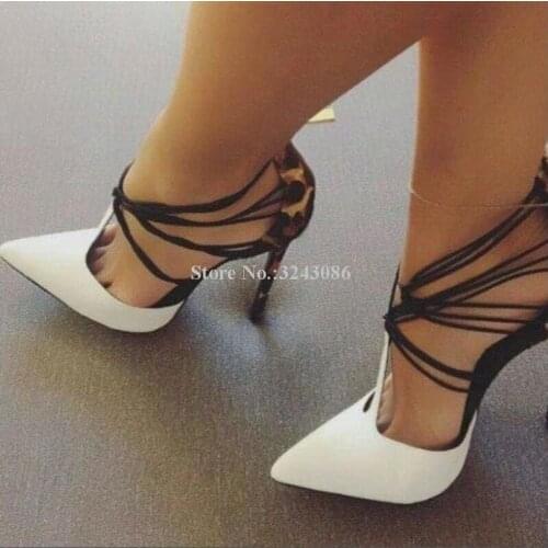 New Leopard Cross Ropes Women Sandals Shoes Sexy Design Pointed Toe Stiletto Heel Pumps Single Shoes Lady Real Photos Party Heel