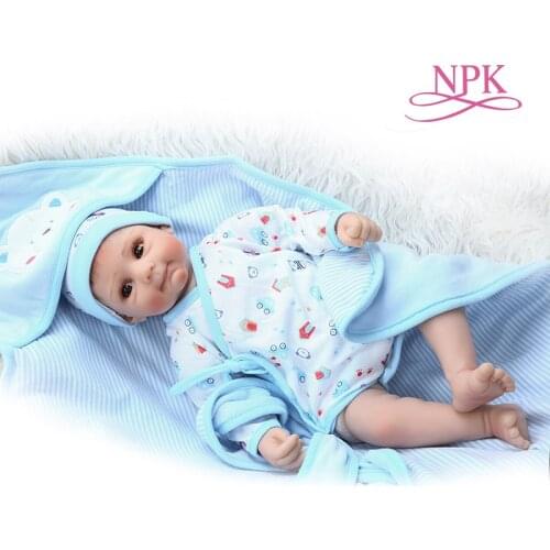 NPK 49CM very cute reborn baby boy doll in blue dress with blanket newborn boy soft touch weighted soft body doll